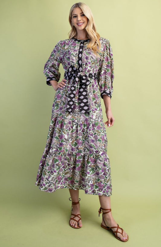 Brown Mix-Floral Print Midi Dress