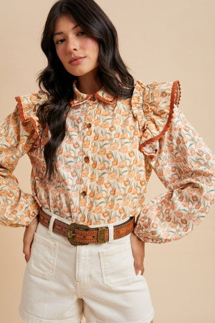 Floral Print Corduroy Ruffled Shirt