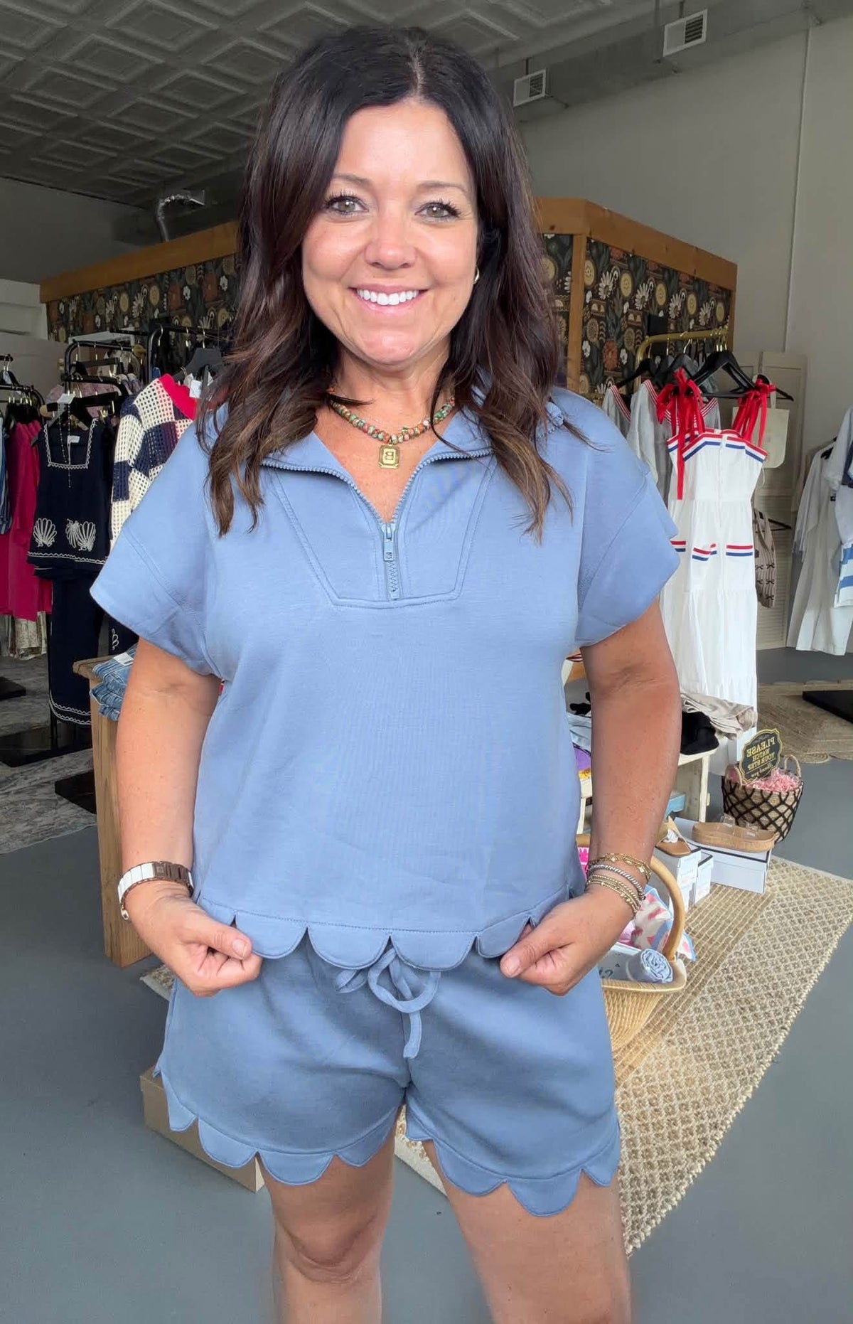 Half-Zip Scallop Shorts Set