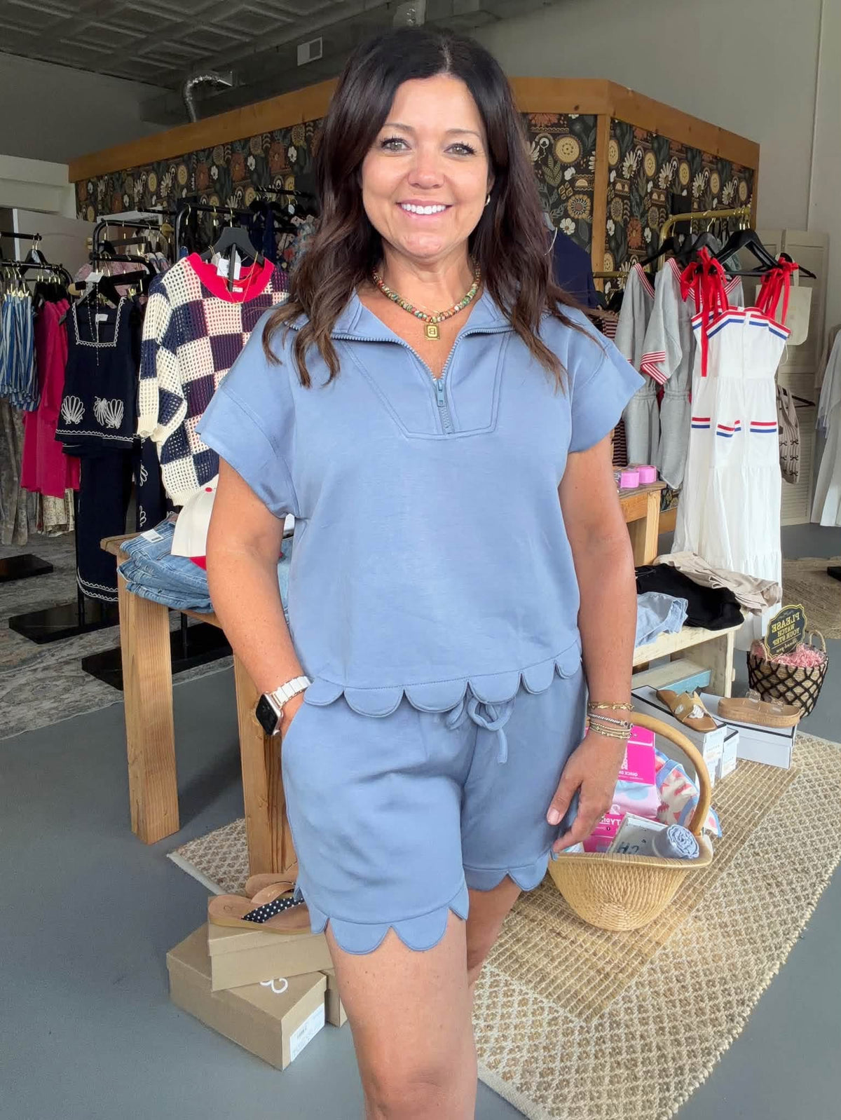 Half-Zip Scallop Shorts Set
