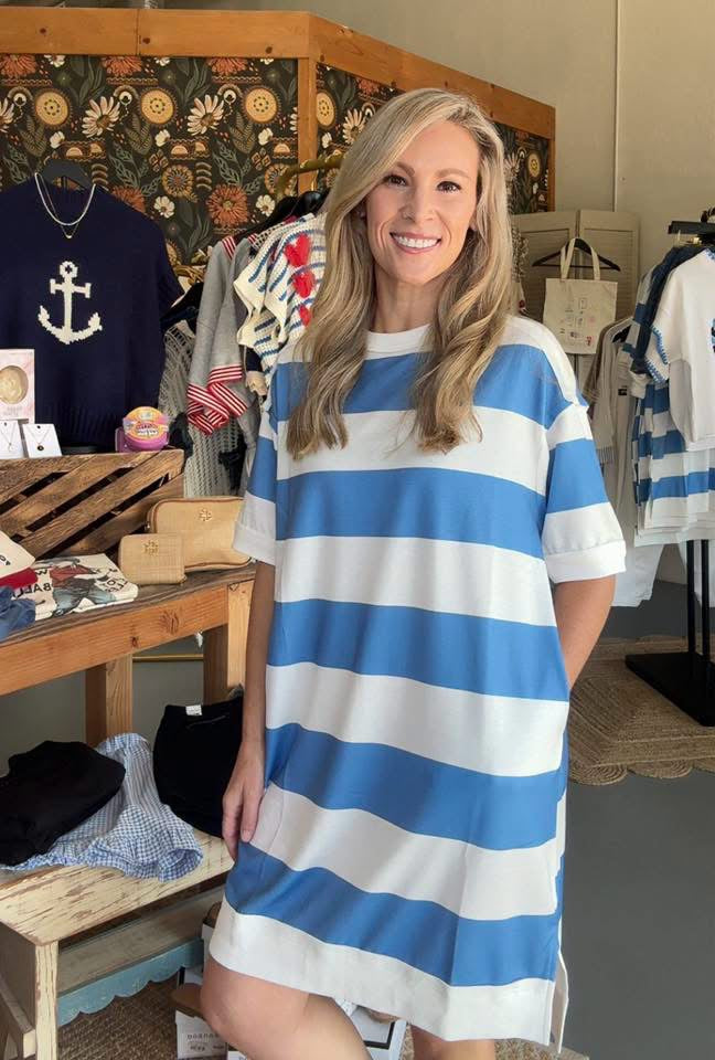 Blue Stripe Raw Seam Casual Tee Dress