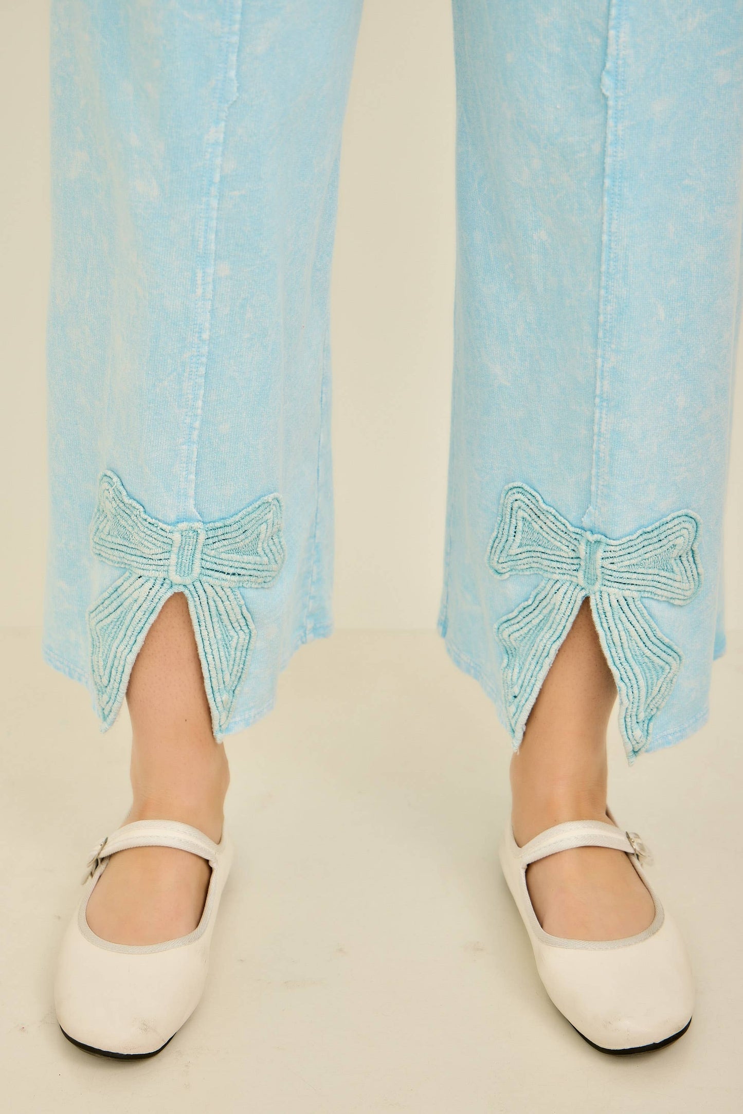 Mineral Washed Cute Bow trim Slit Pants
