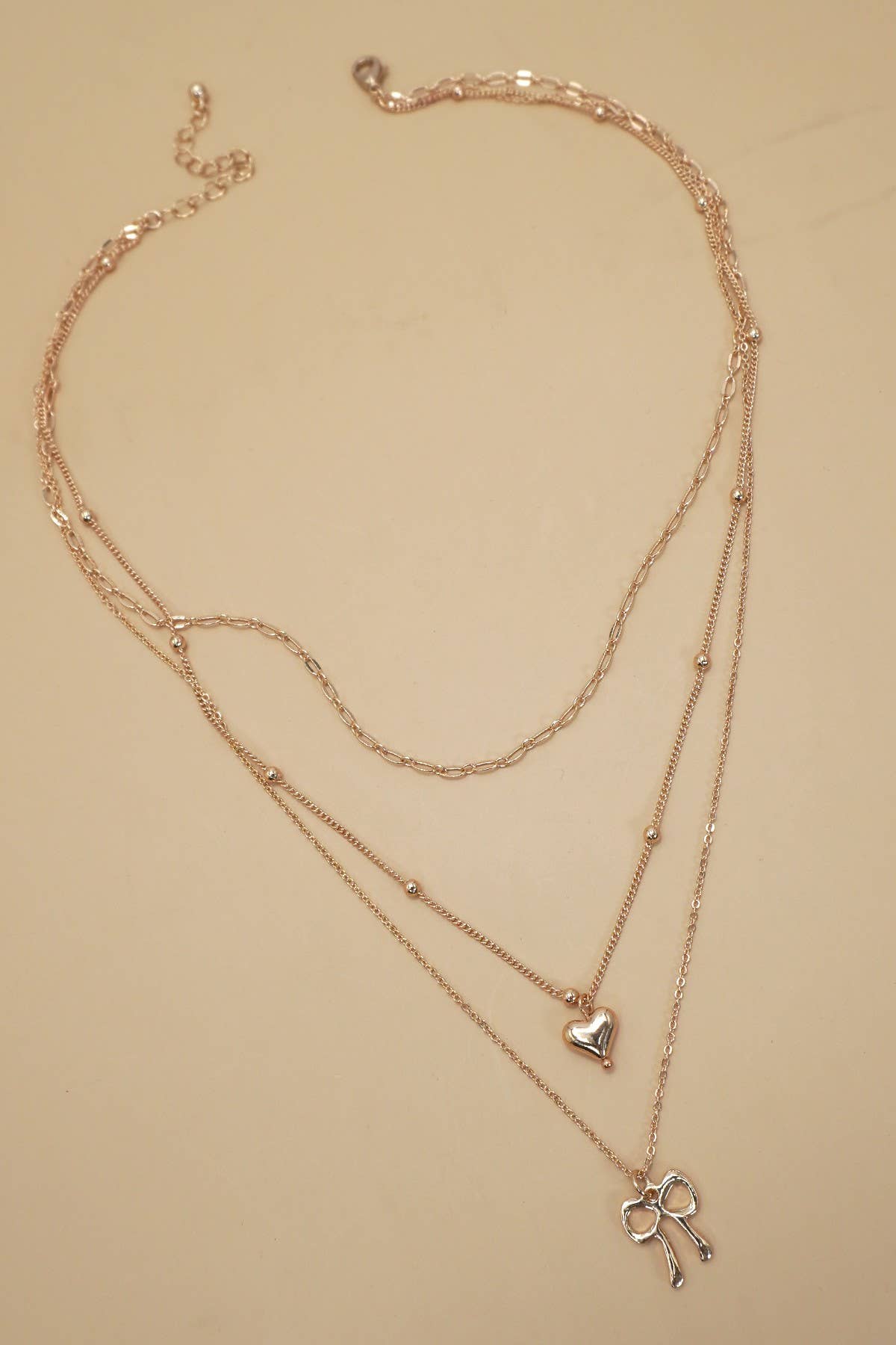 MULTI LAYER BOW HEART CHARM DROP NECKLACE