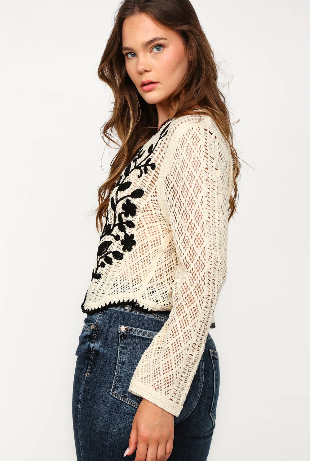 BUTTON DOWN FLORAL EMOBROIDERY CROCHET CARDIGAN
