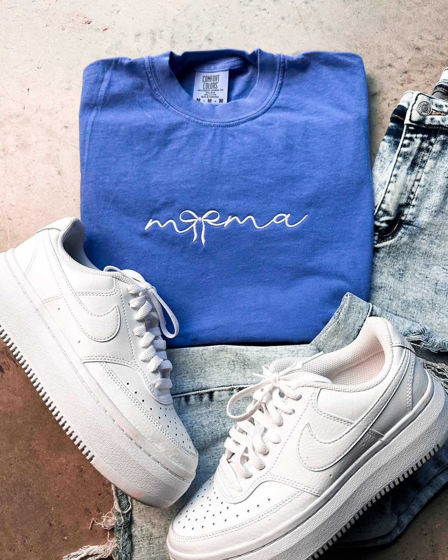 Mama Bow Blue Embroidery Graphic Tee