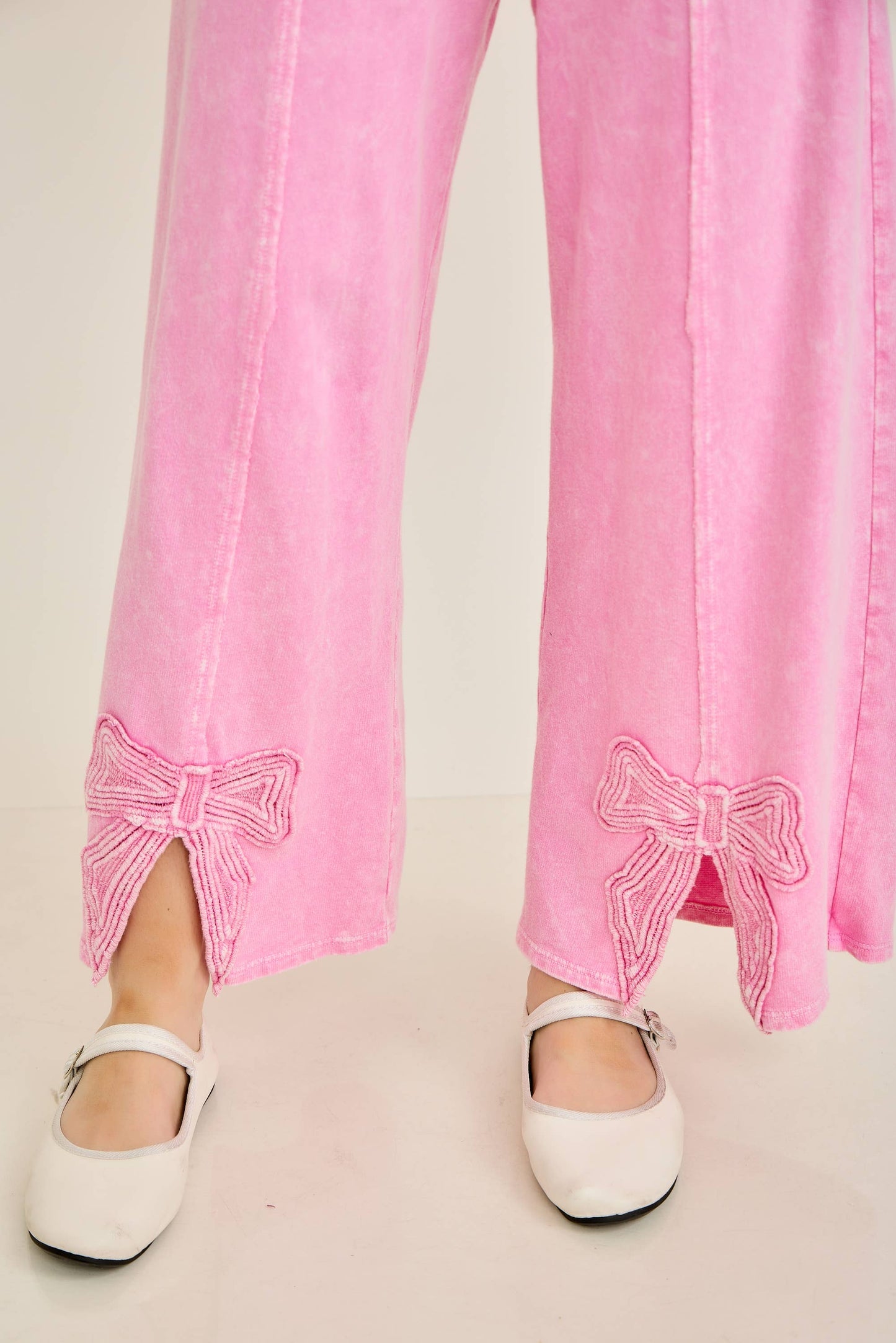 Mineral Washed Cute Bow trim Slit Pants