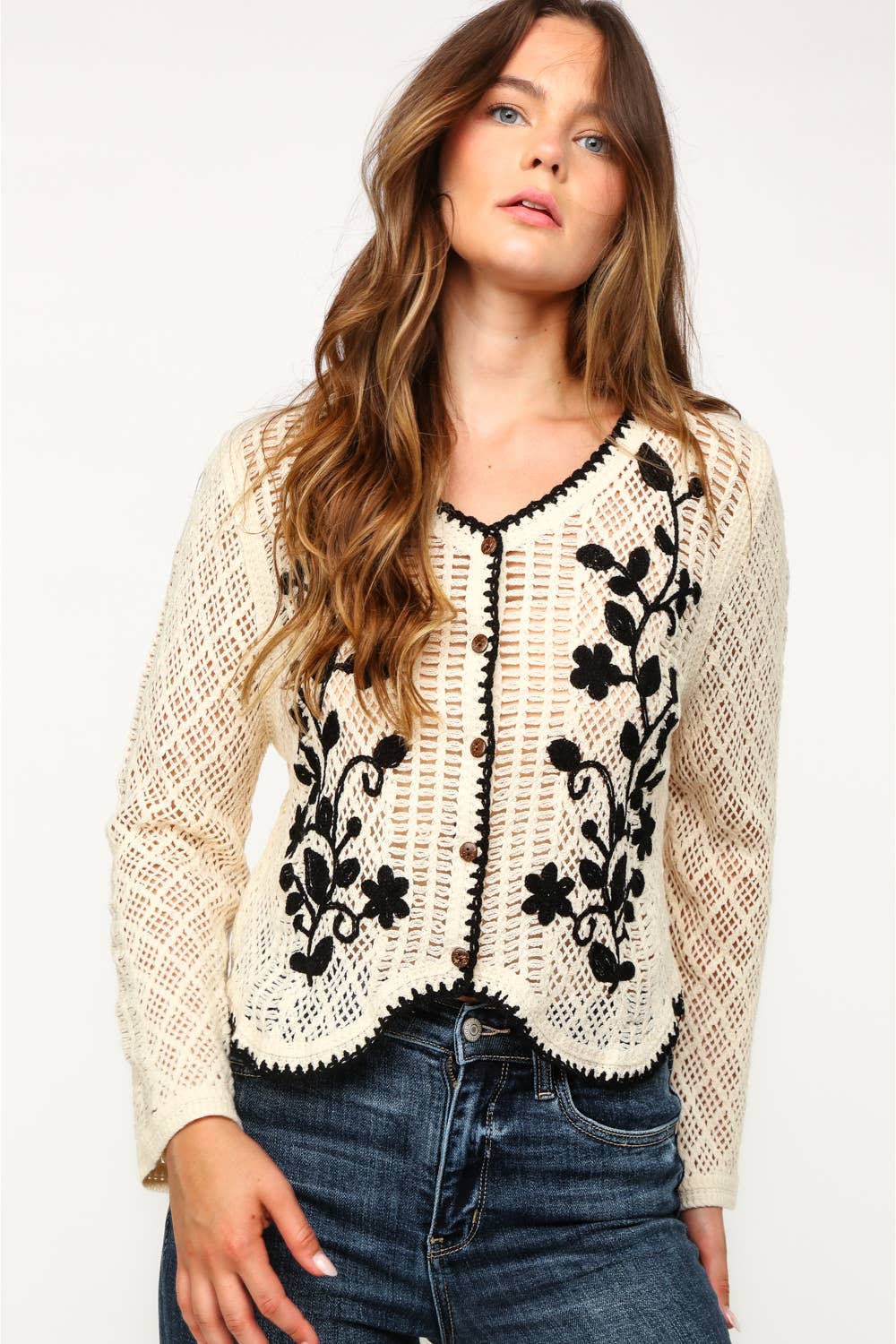 BUTTON DOWN FLORAL EMOBROIDERY CROCHET CARDIGAN