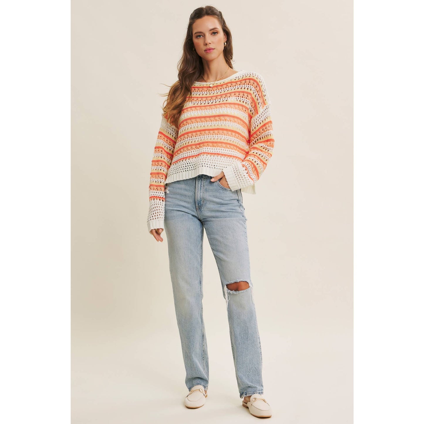 MULTI STRIPE GREEN CROCHET SWEATER TOP