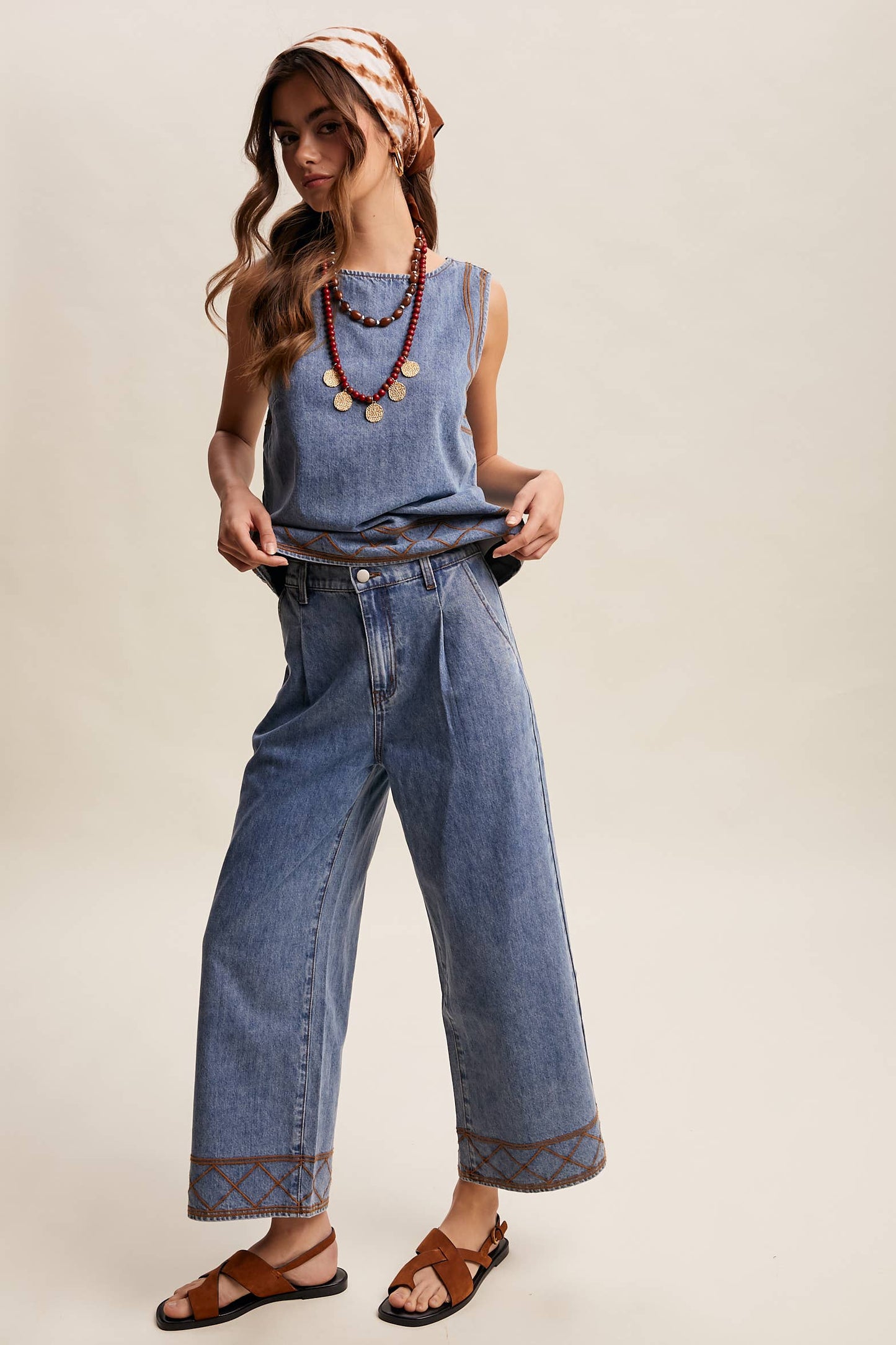 Embroidered Denim Tank & Wide-Leg Pants Set