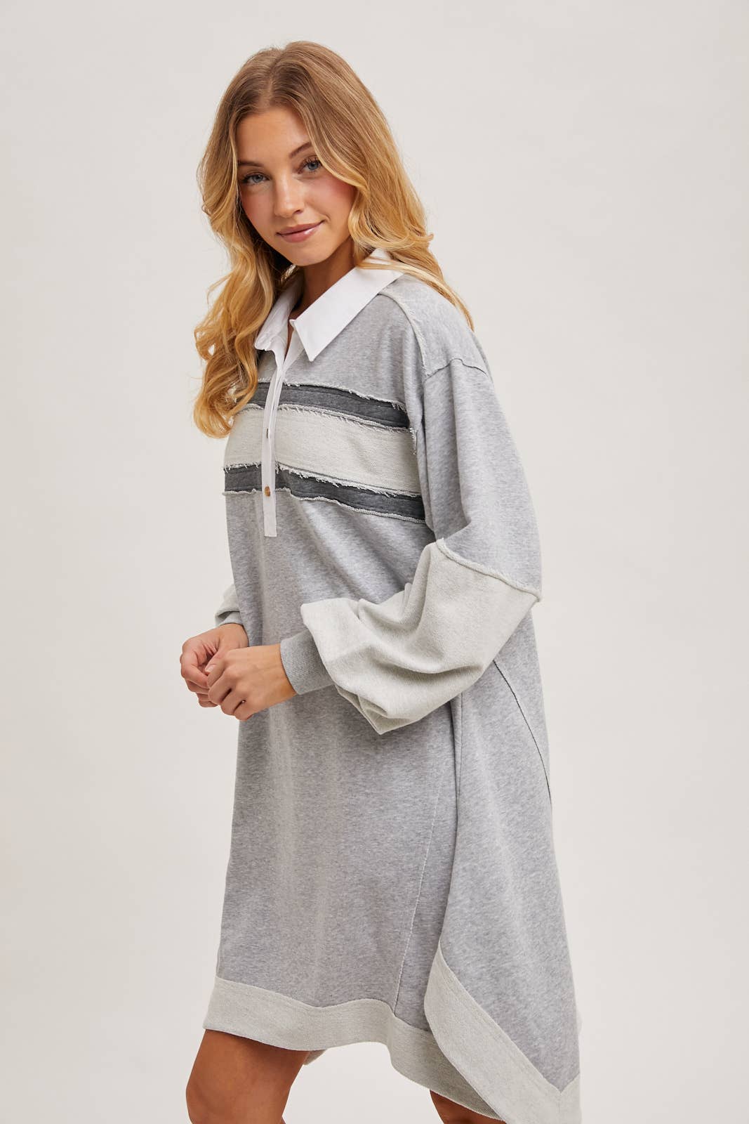 RAW-EDGE CONTRAST SLOUCHY POLO DRESS