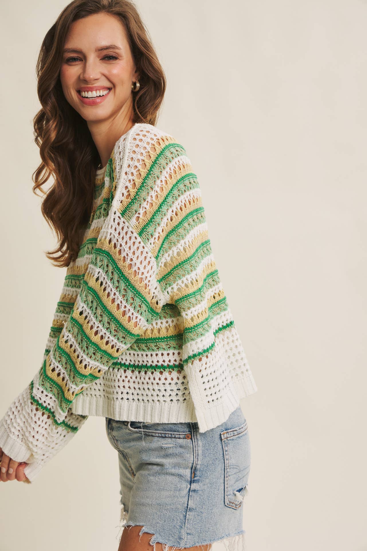 MULTI STRIPE GREEN CROCHET SWEATER TOP