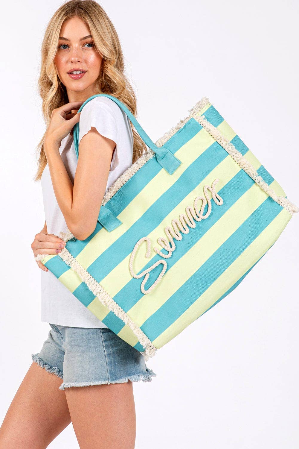 Summer Fringe Striped Tote Bag