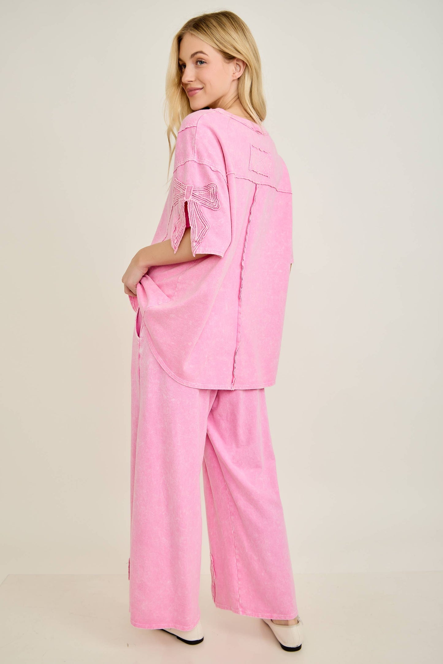 Mineral Washed Cute Bow Trim Blouse