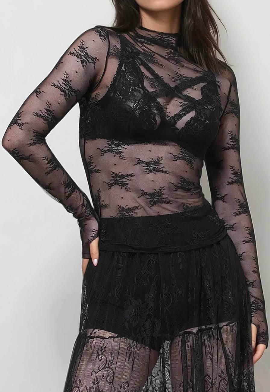 Floral Lace See Through Mesh Top Blouse
