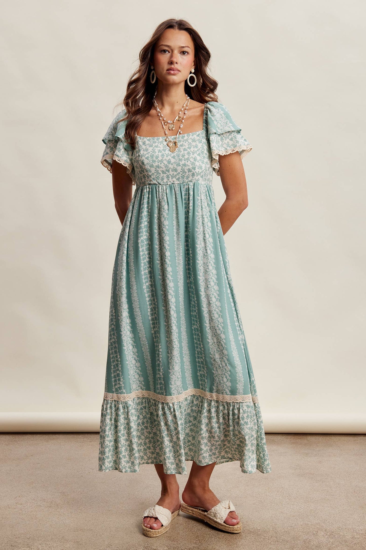 Floral Border Print Flutter Sleeve Maxi Dress