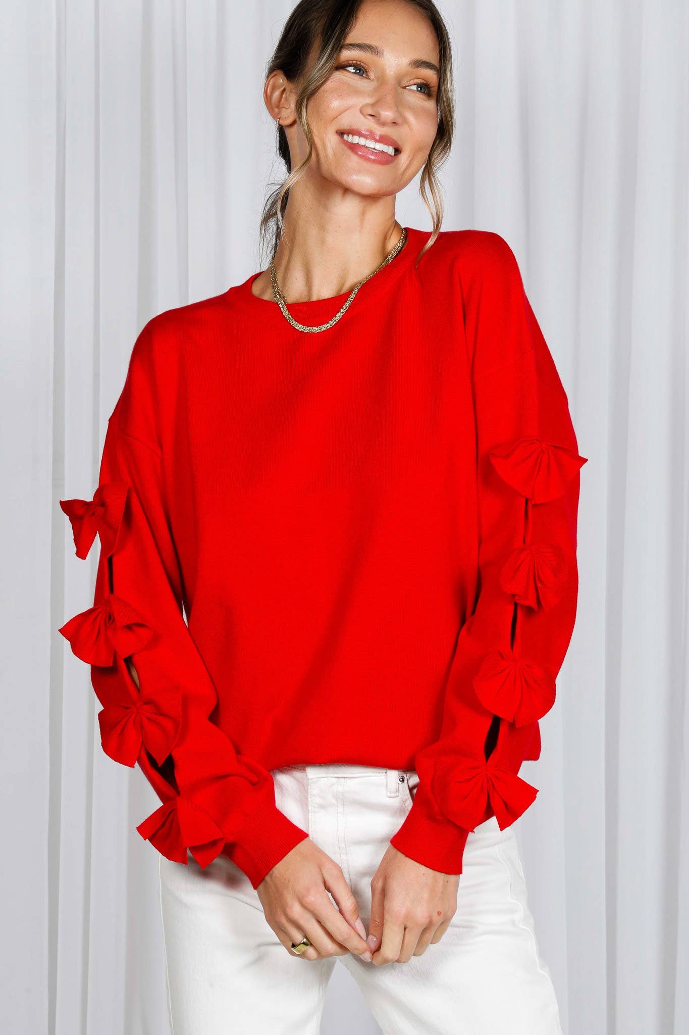 Bow Embellished Crew Neck Knit Sweater