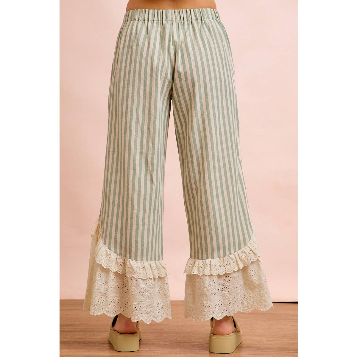 STRIPE WOVEN RUFFLED LACE HEM PANTS WITH SIDE POCKET