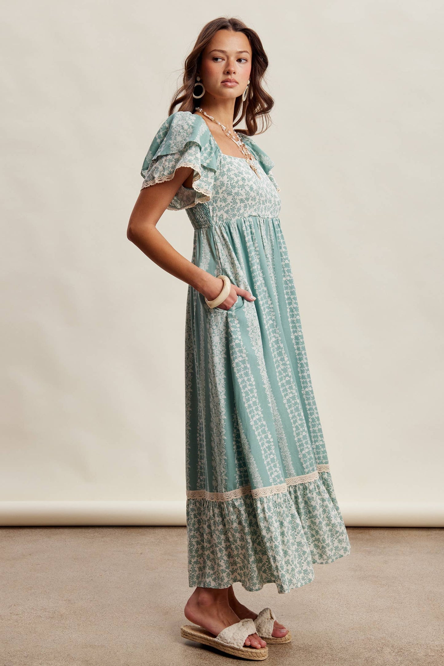 Floral Border Print Flutter Sleeve Maxi Dress