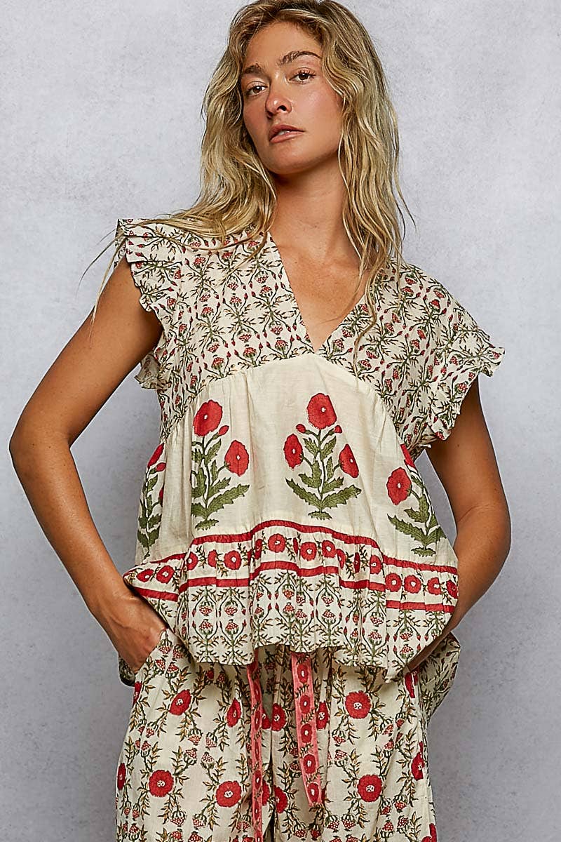 V-Neck Floral Pattern Top