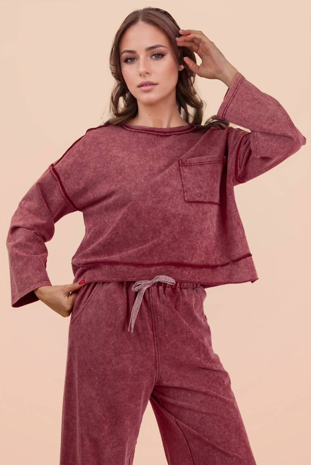 Mineral Washed Casual Knit Top & Pants Set