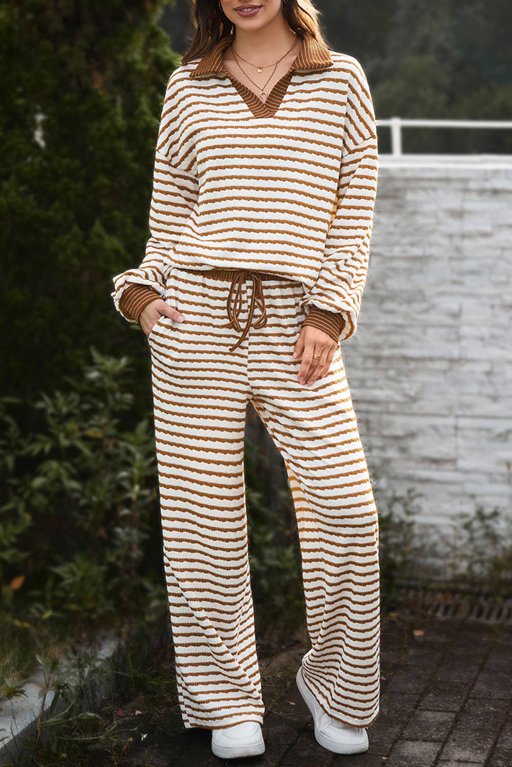 Stripe Collared Pullover & Drawstring Pants Set