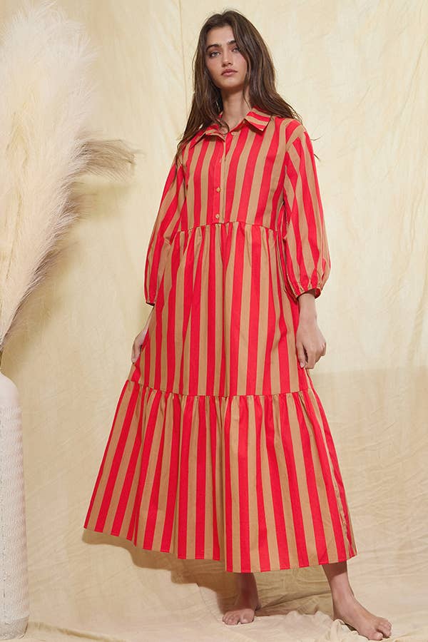 Striped Print Tiered Midi Shirt Dress