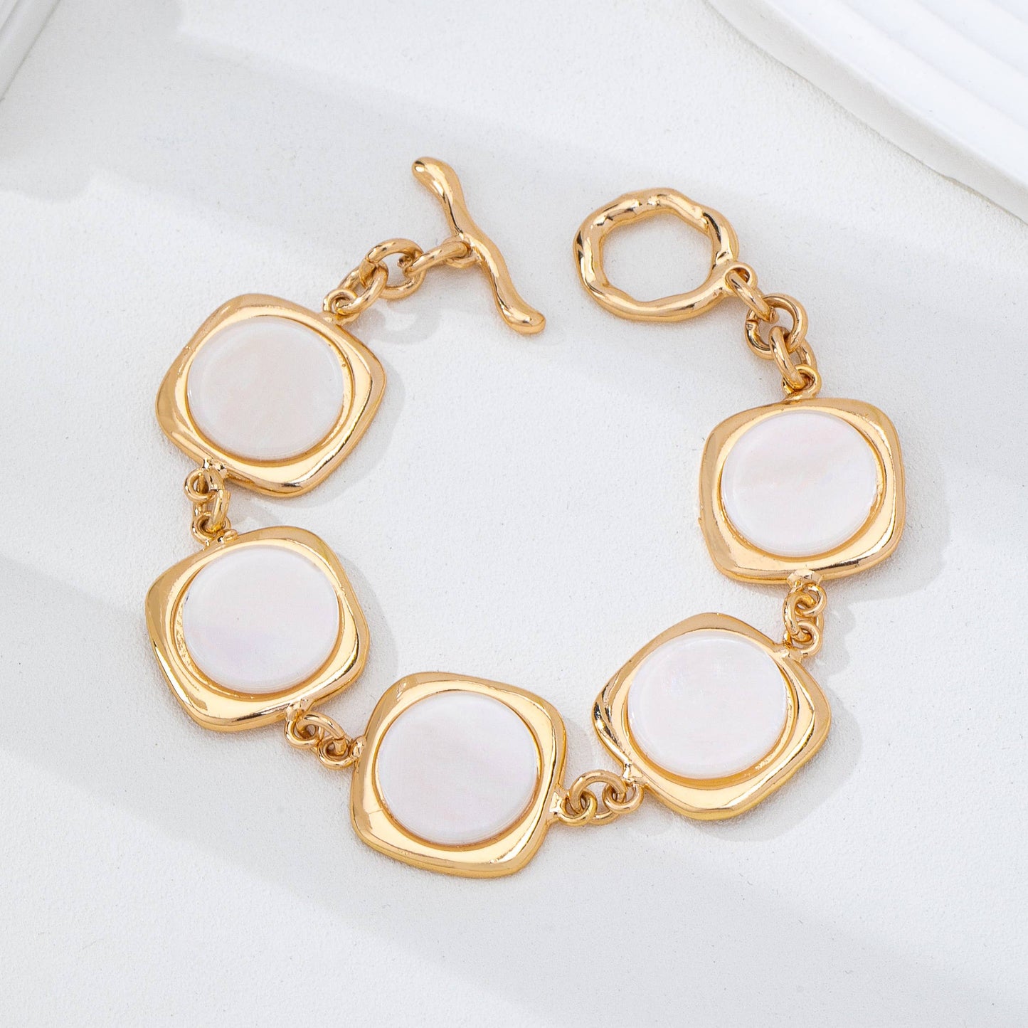White Pearly Inlay Square Link Bracelet