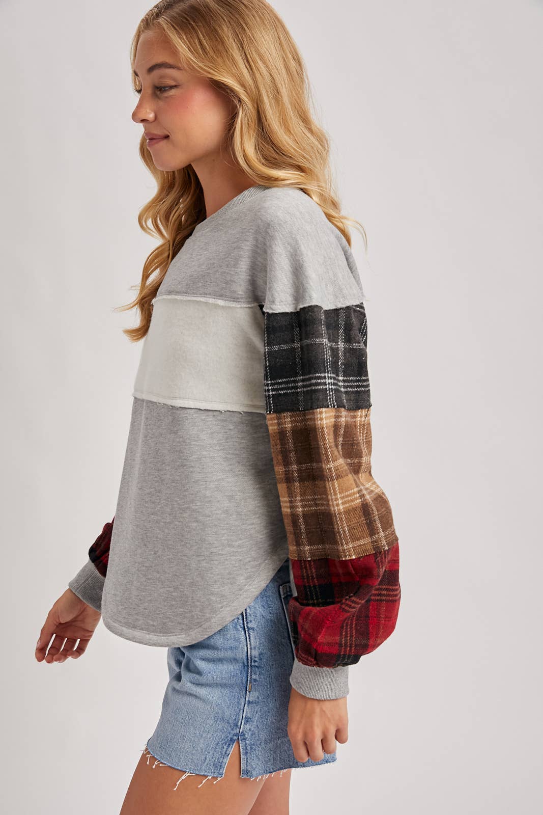 COLOR BLOCK PLAID FLANNEL PATCHED SWEATER