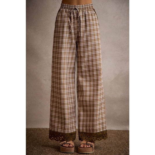 PLAID CHECK WIDE LEG LACE PANTS