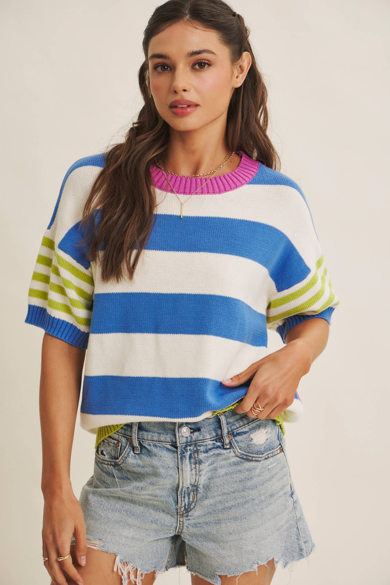 FEEL-GOOD PLAYFUL SUMMER MULTI STRIPE COTTON SWEATER TOP