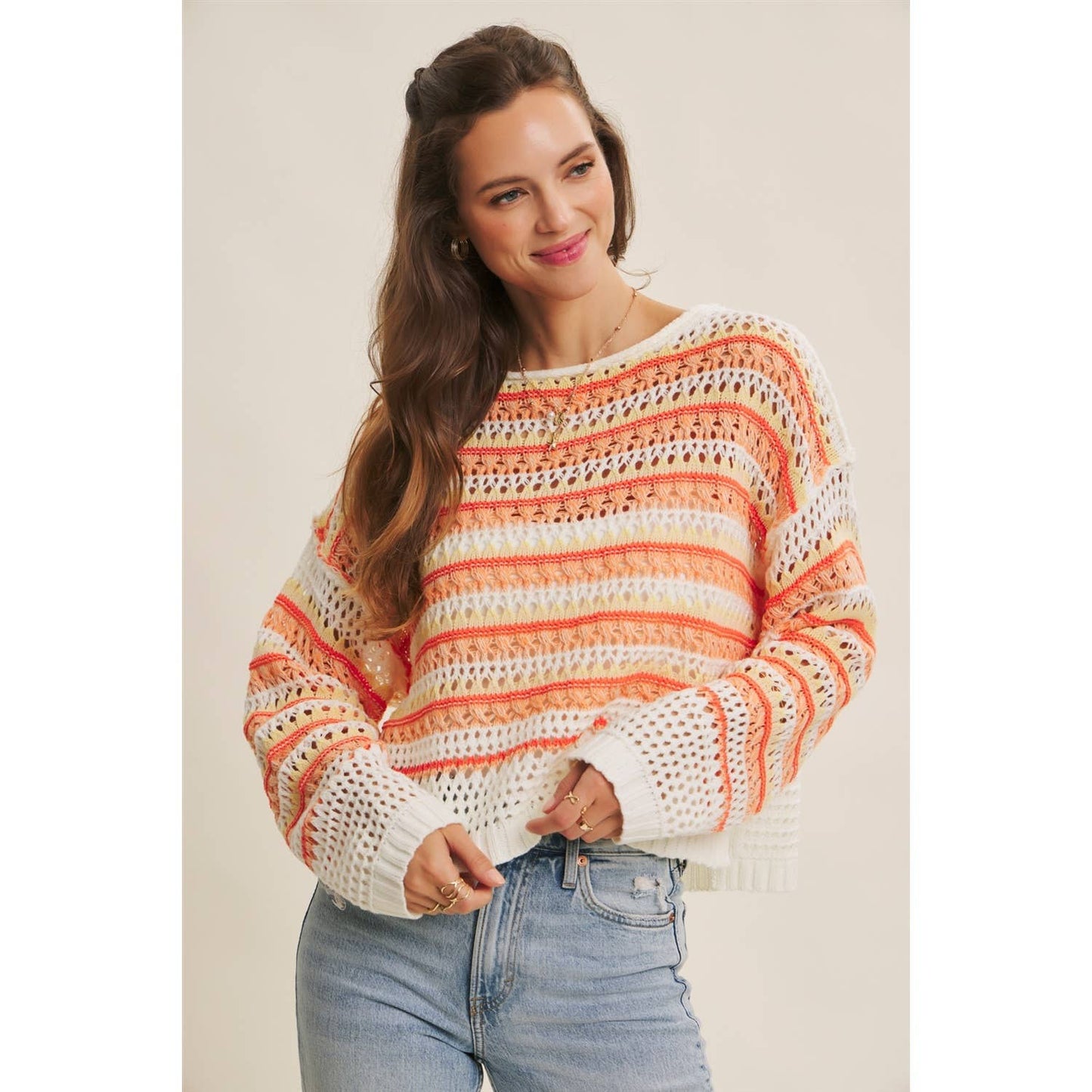 MULTI STRIPE GREEN CROCHET SWEATER TOP