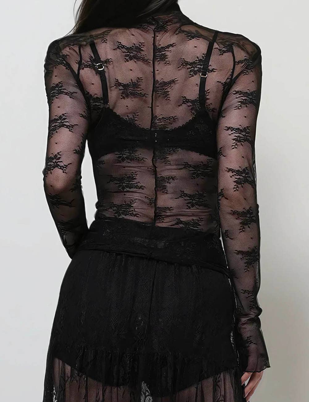 Floral Lace See Through Mesh Top Blouse