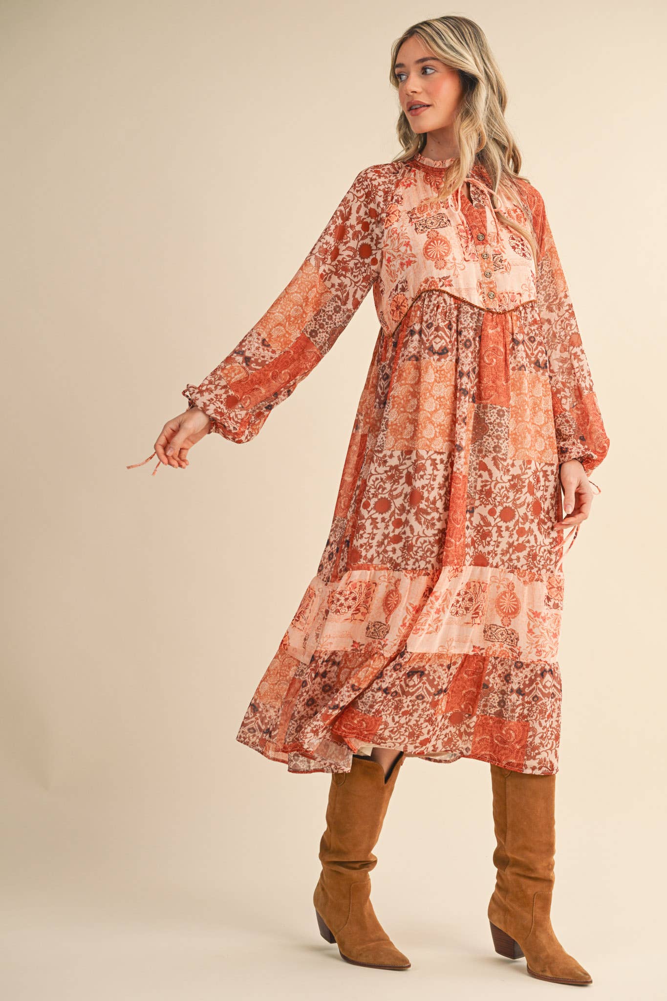 PATCHWORK PRINT MIDI DRESS