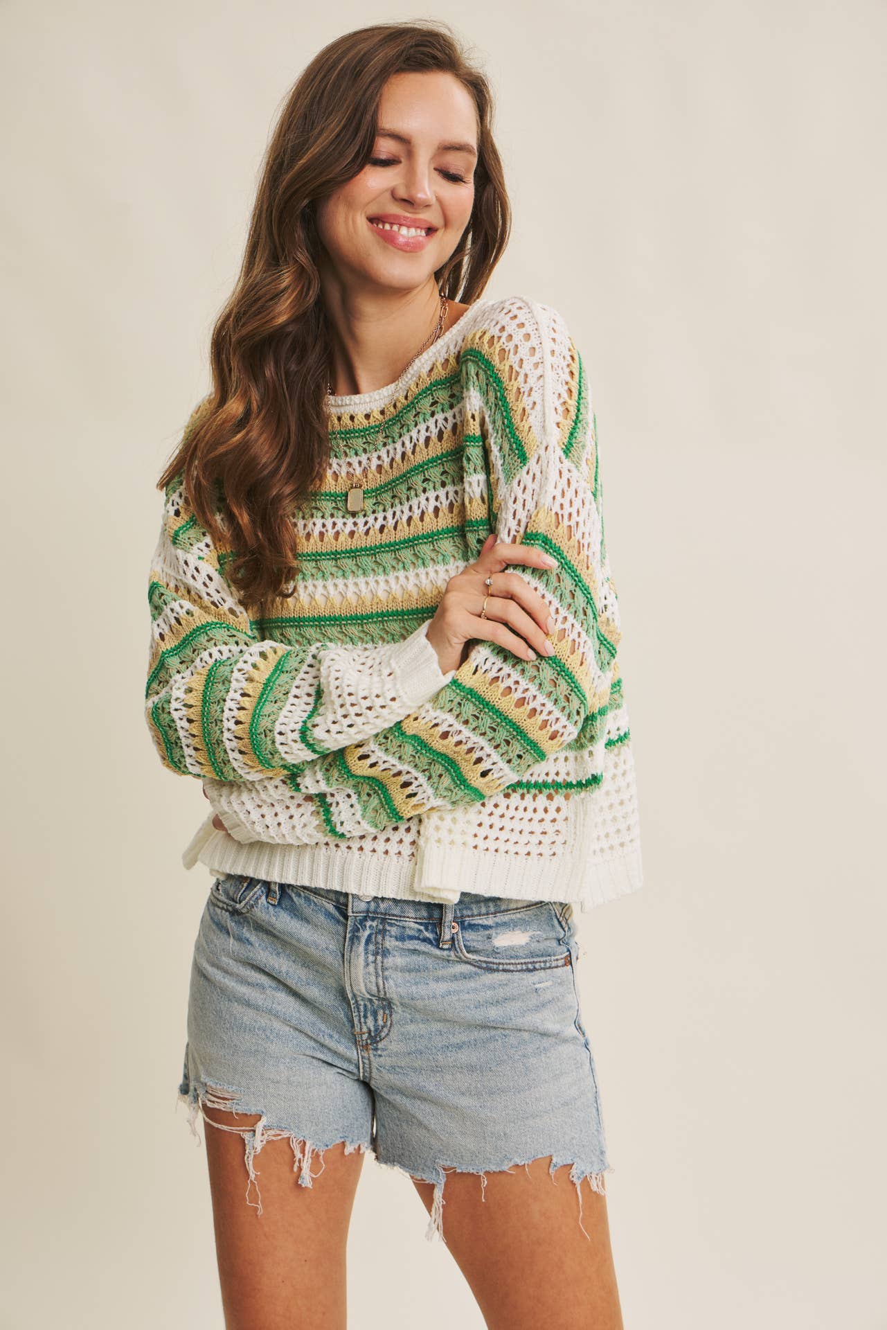 MULTI STRIPE GREEN CROCHET SWEATER TOP