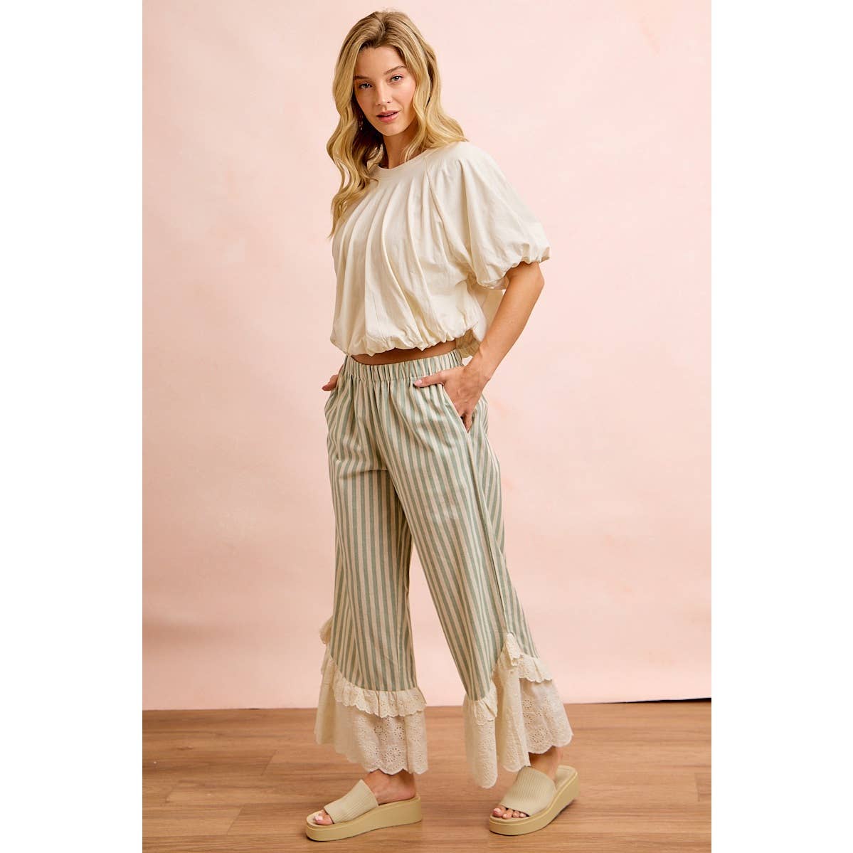 STRIPE WOVEN RUFFLED LACE HEM PANTS WITH SIDE POCKET