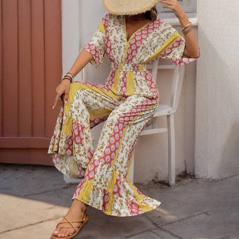 Bohemian Print Vintage Waist-Tie Jumpsuit