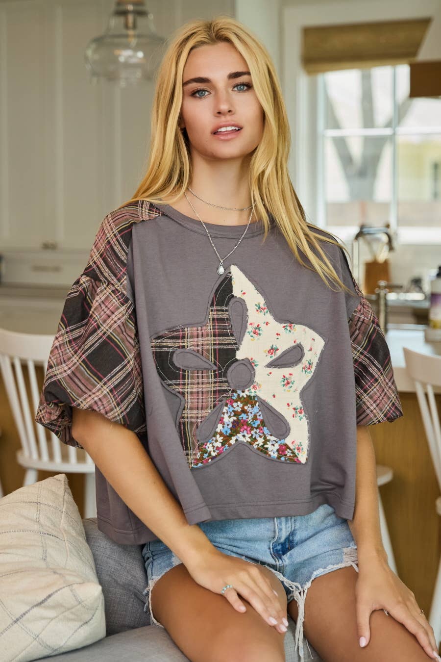 Print Mixed Fabric French Terry Top