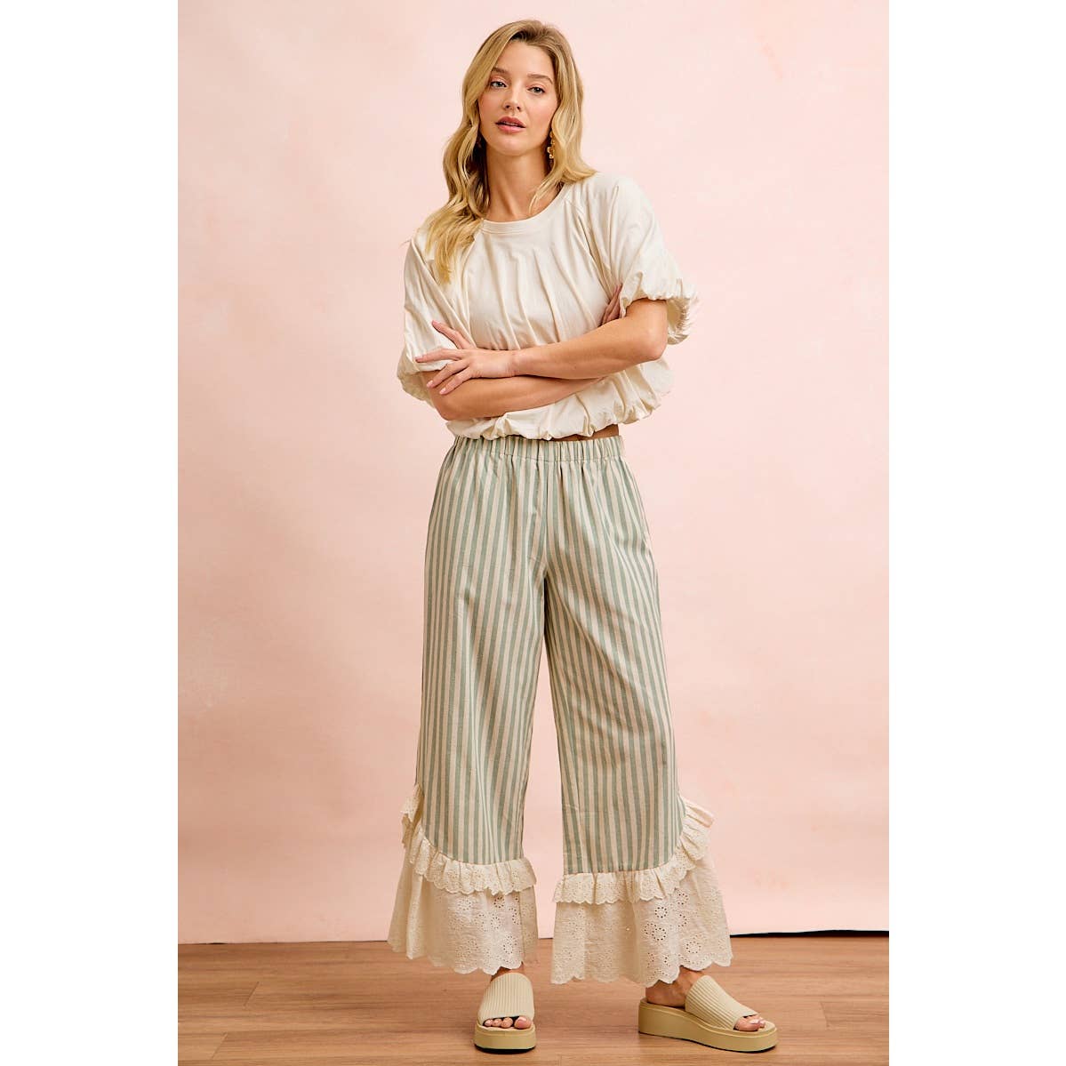 STRIPE WOVEN RUFFLED LACE HEM PANTS WITH SIDE POCKET