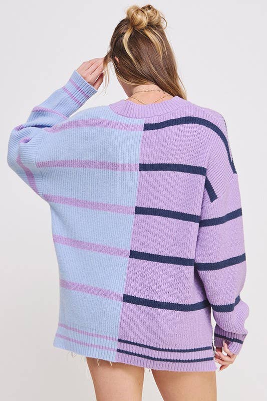 ROUND NECK STRIPED COLOR BLOCK SWEATER
