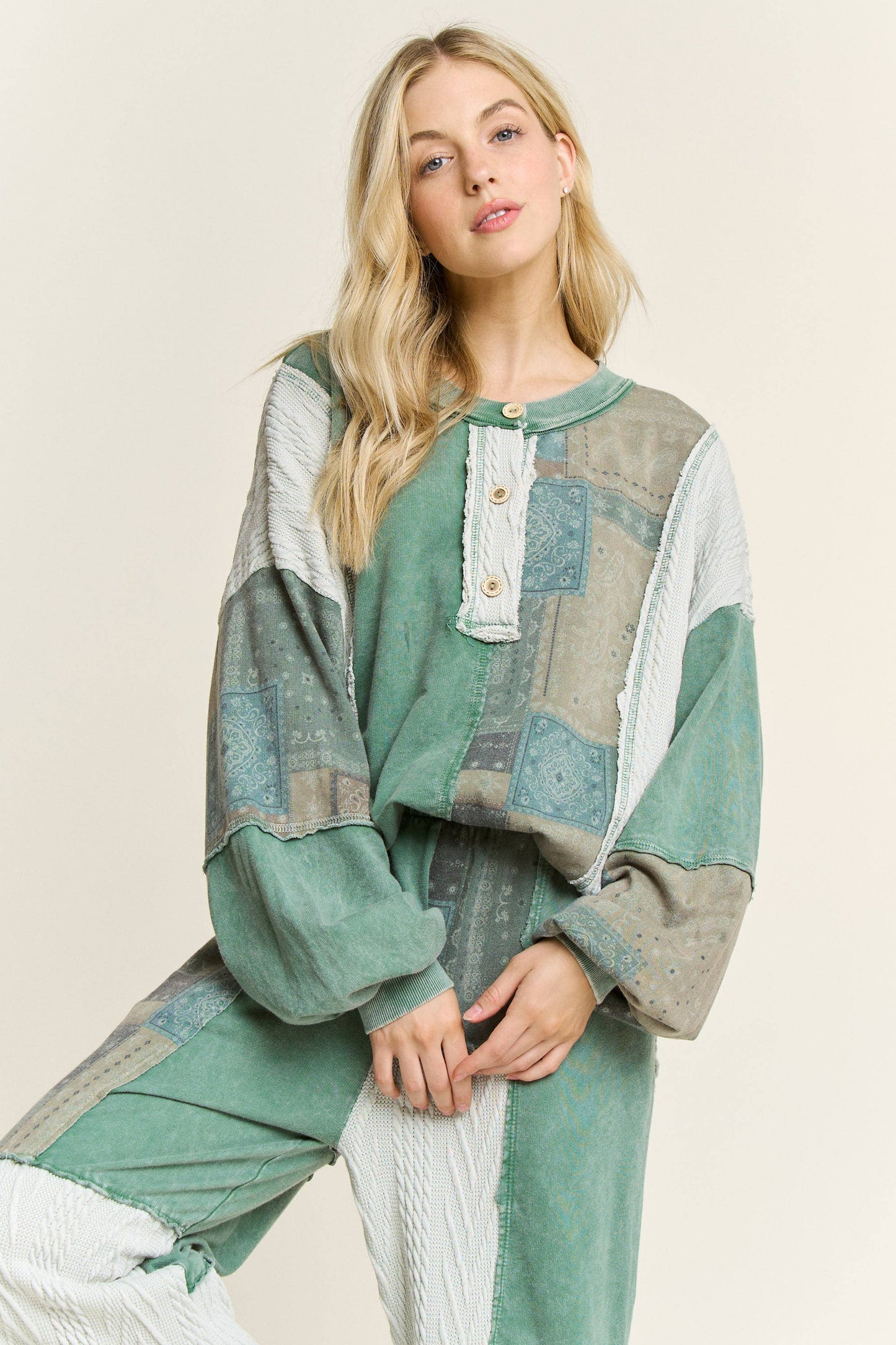 Mineral Washed Bandana Patchwork  Sweater Top