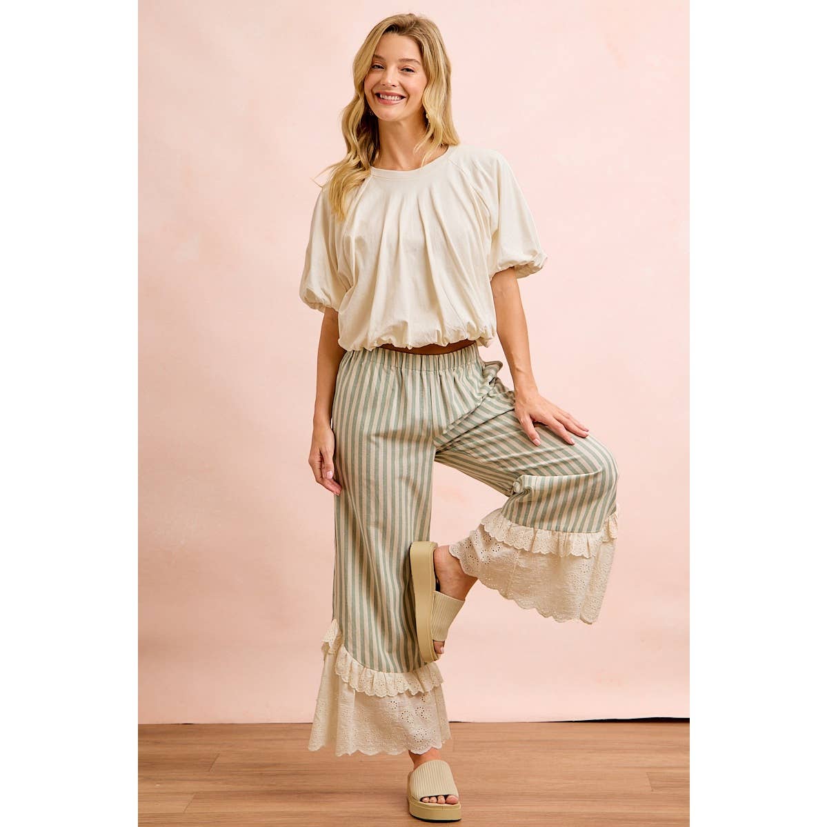 STRIPE WOVEN RUFFLED LACE HEM PANTS WITH SIDE POCKET