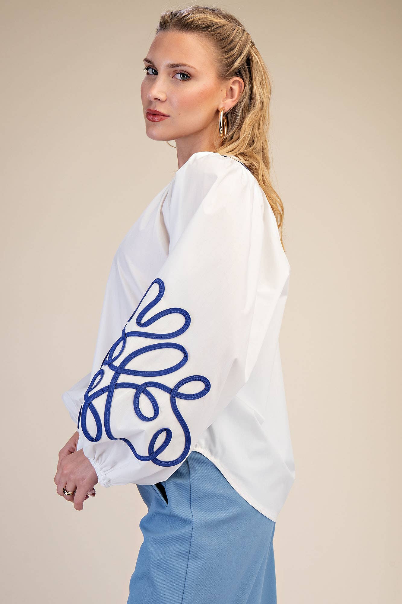 Soutache Contrast Detail Puff Sleeve Blouse