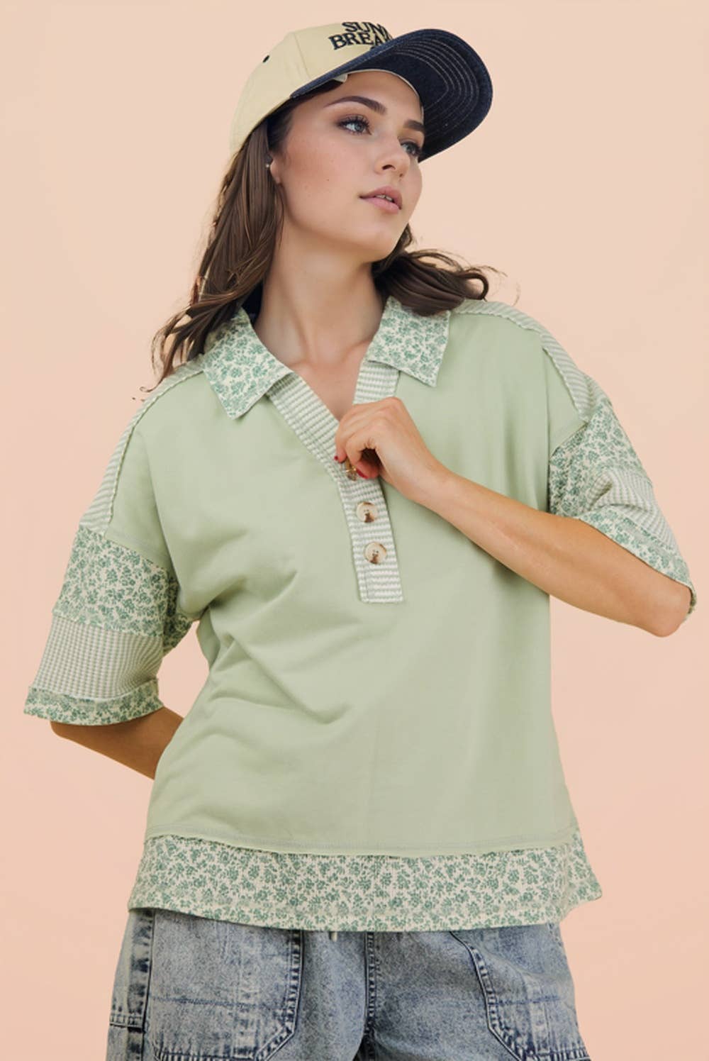 Oversized Half Button Down Collared Knit Top