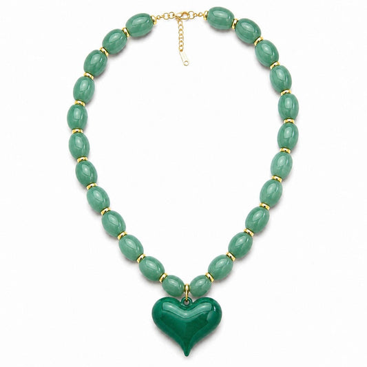 Almafi Green Resin Heart Chunky Statement Necklace | Stainless Steel