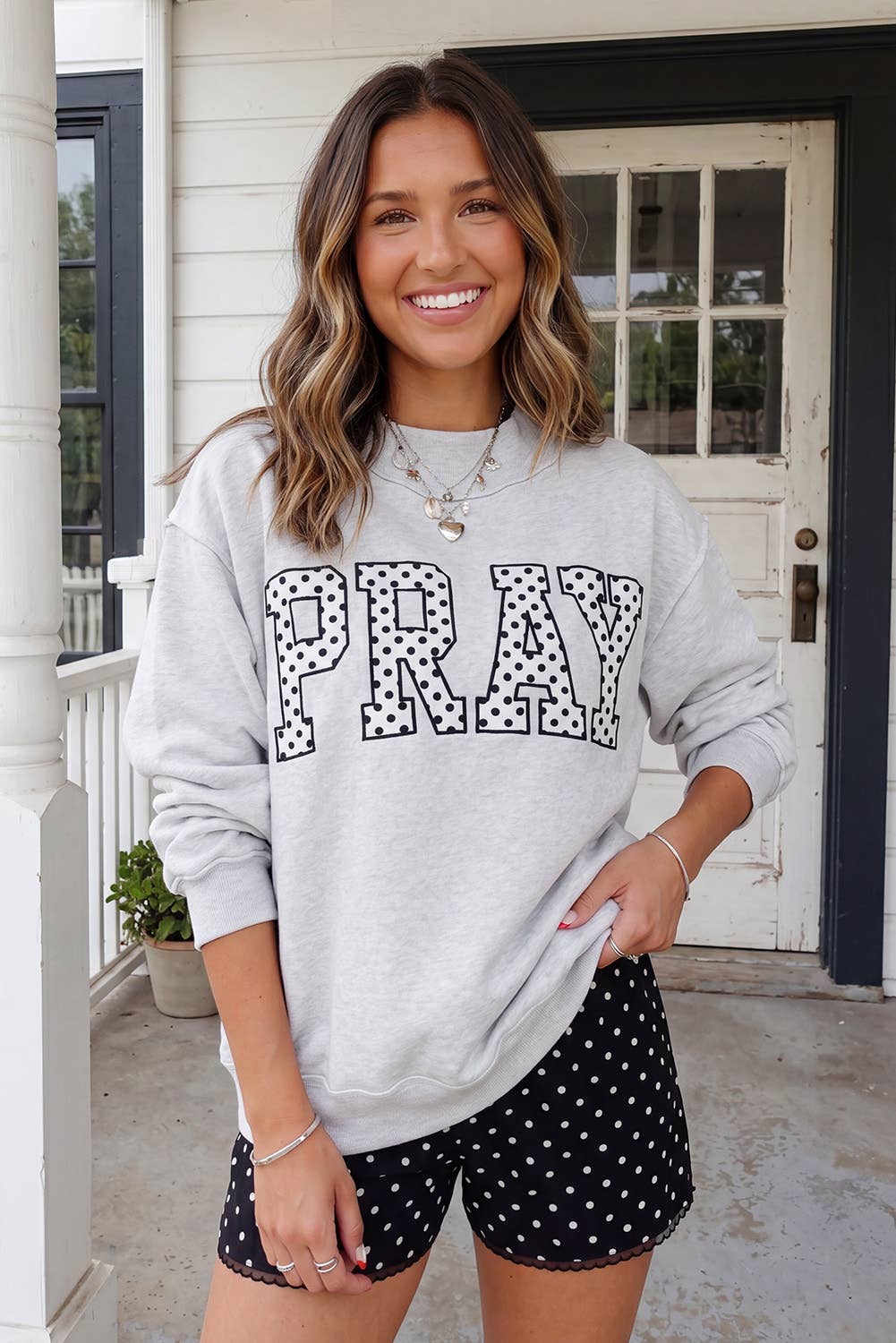 PRAY Polka Dot Embroidered Mock Neck Sweatshirt