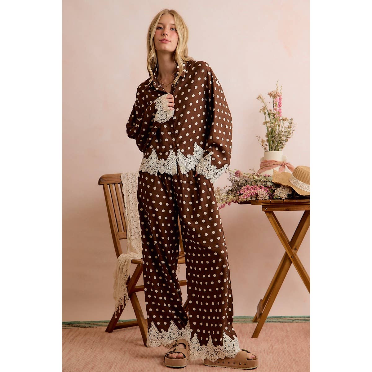 POLKA DOT WOVEN CROCHET LACE PANTS SET