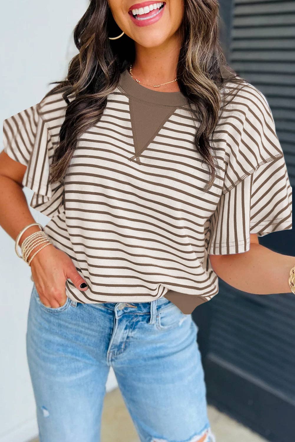 Bright Green Striped Ruffle Short Sleeve Top