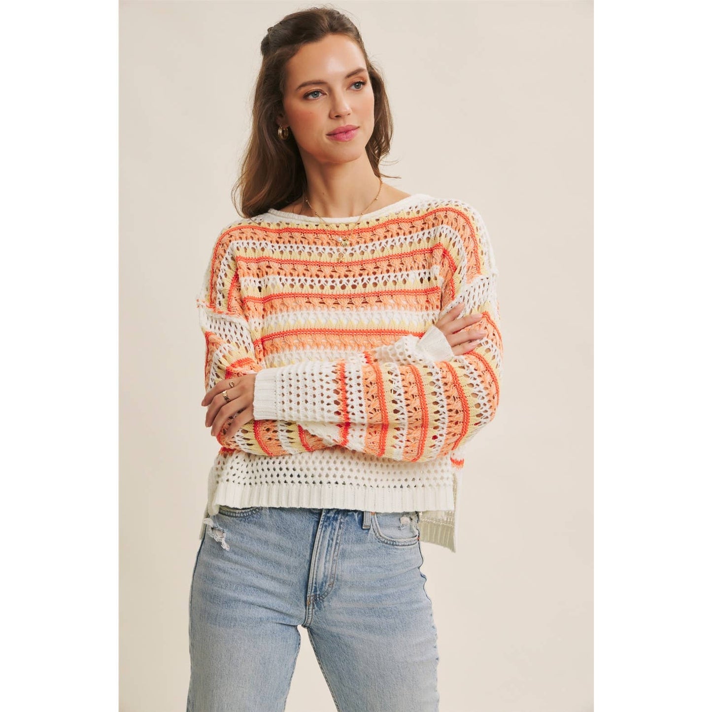 MULTI STRIPE GREEN CROCHET SWEATER TOP