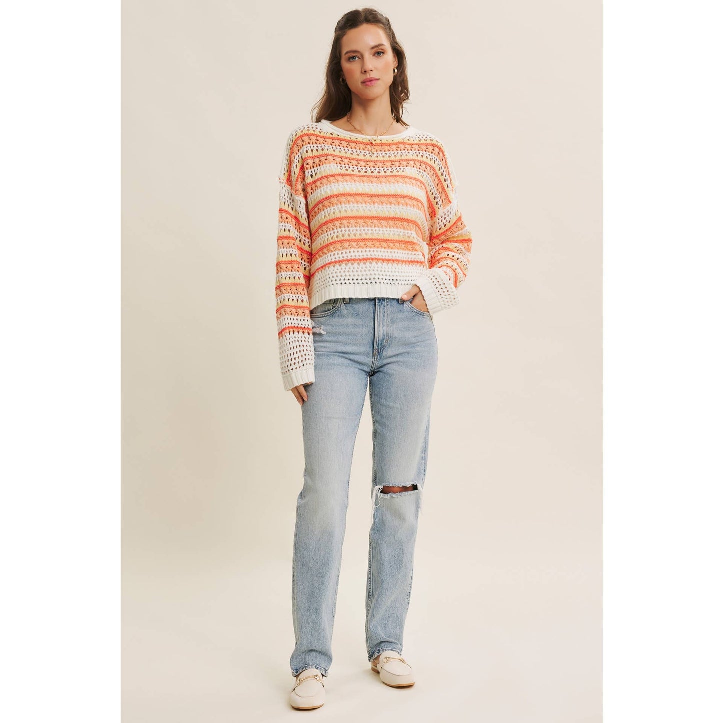 MULTI STRIPE GREEN CROCHET SWEATER TOP