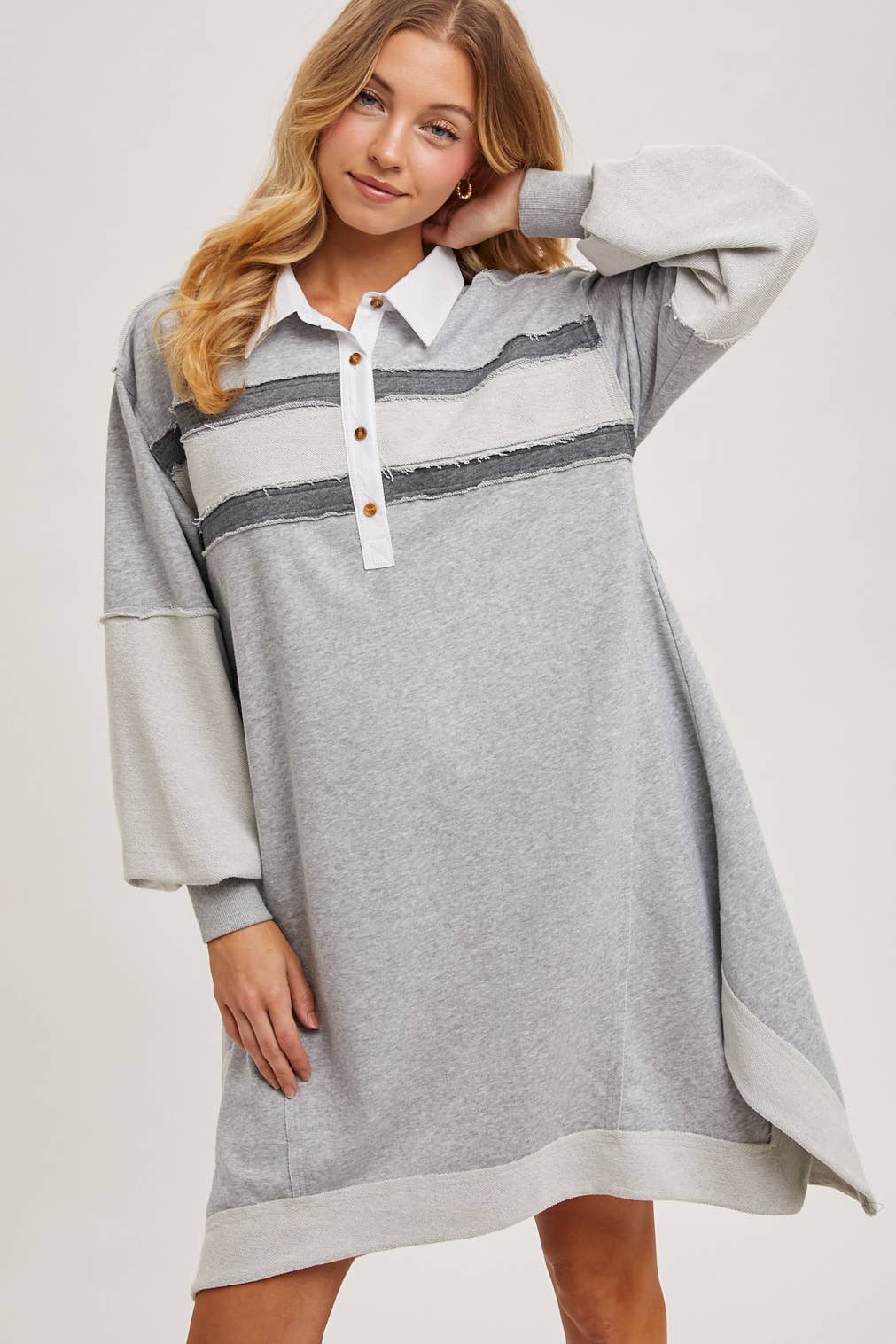 RAW-EDGE CONTRAST SLOUCHY POLO DRESS
